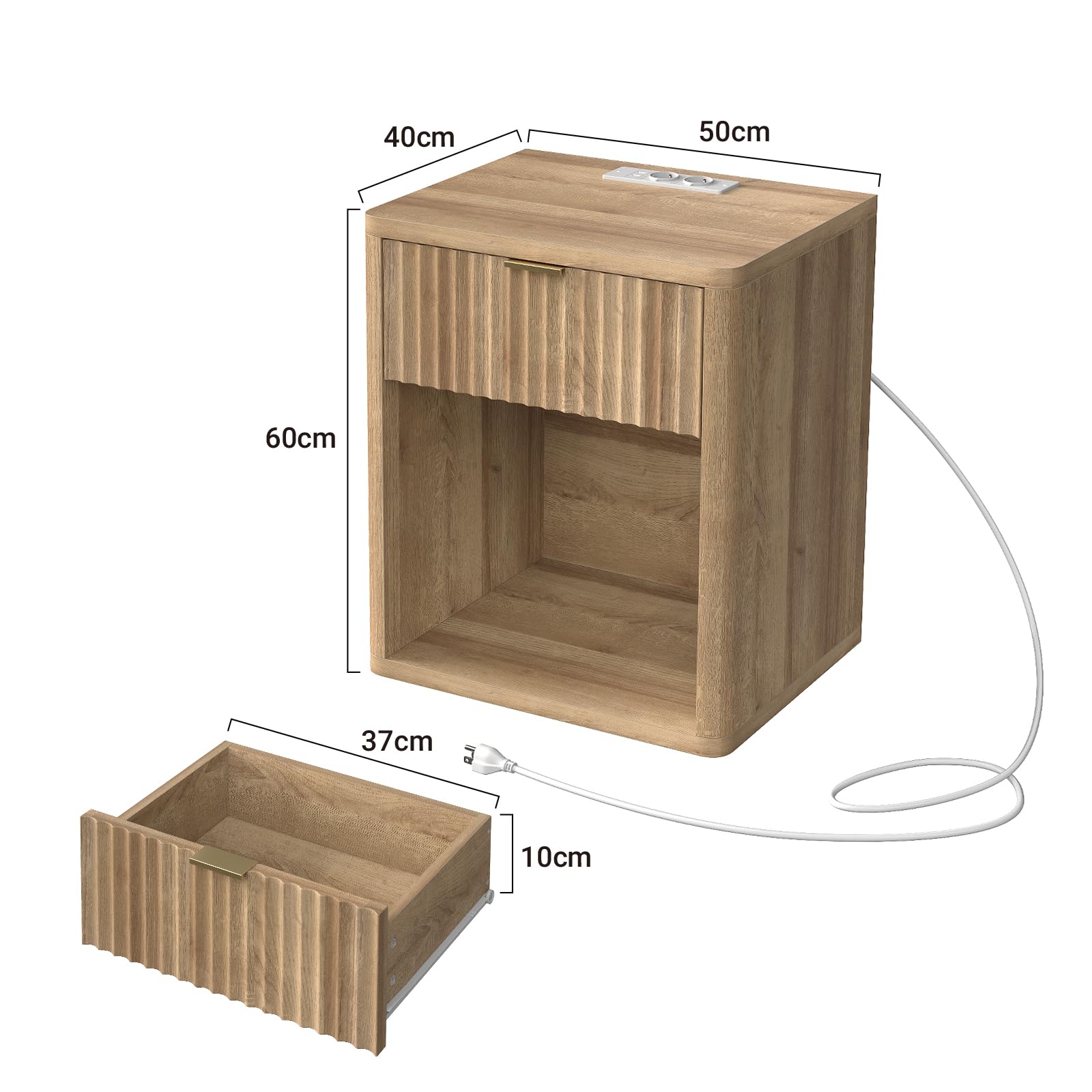 FUSOU Mesa de noche con iluminación LED y enchufes/USB, mesa de noche estrecha con cajón, armario alto con gran espacio de almacenamiento para espacios pequeños, mesa auxiliar para dormitorio