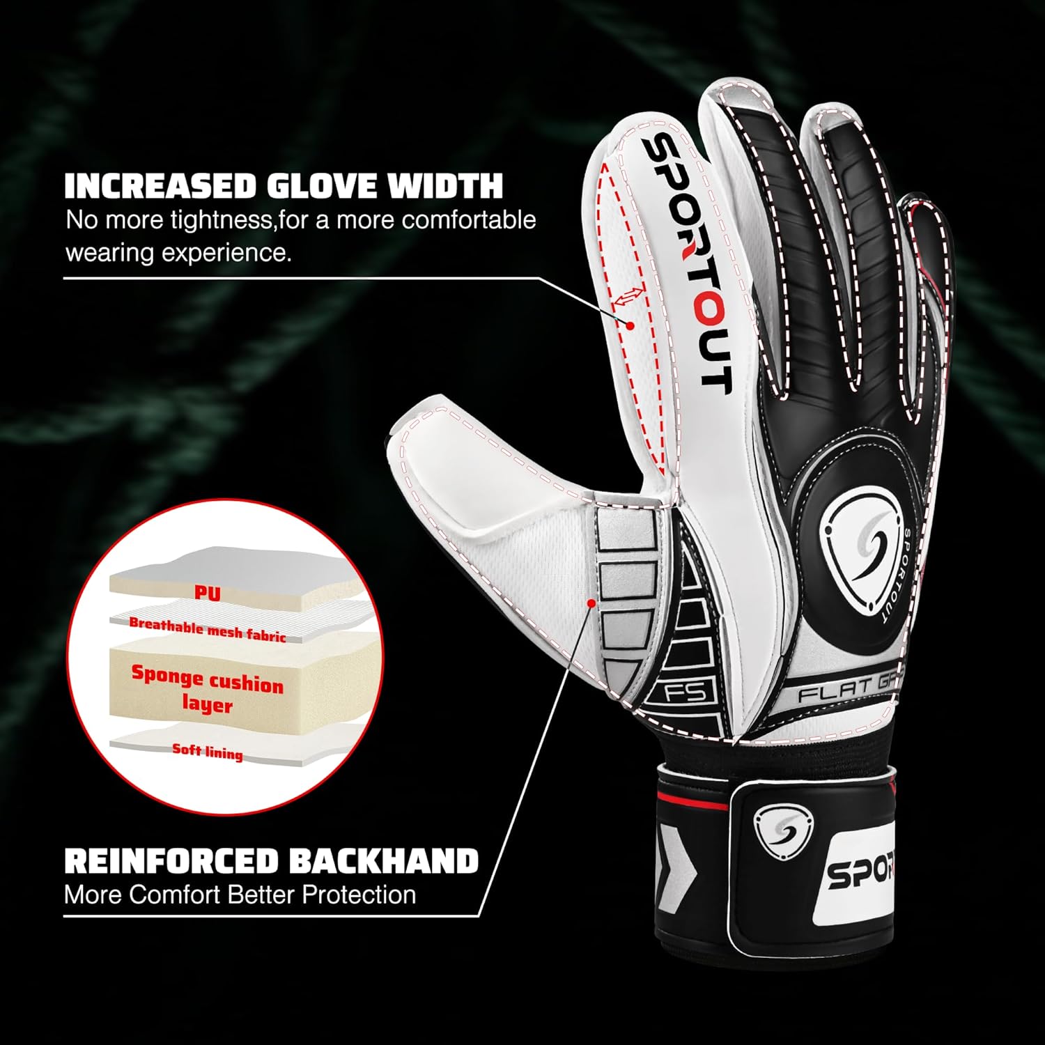 Sportout Goalkeeper Gloves with Fingersave, Breathable Soccer Goalie Gloves, 4mm Latex, for Kids, Youth and Adult