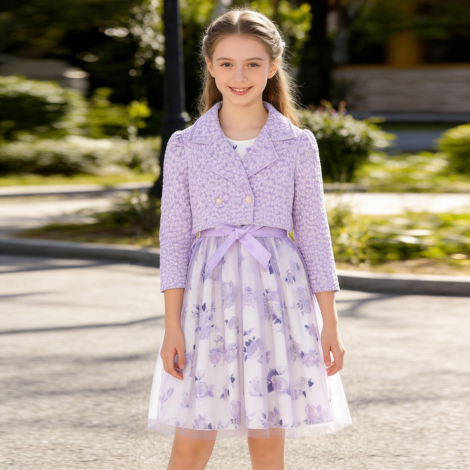 Generico Vestito Ragazza 2 Pezzi Cardigan a Manica Lunga e Gonna in Tulle con Fiocco Abito da Principessa Battesimo Elegante Cerimonia Compleanno