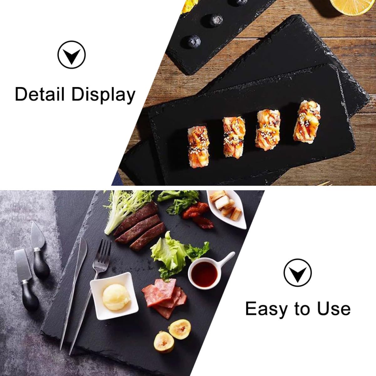 Assiette à Sushis en Ardoise Naturelle Noire, Lot de 4, Rectangulaire