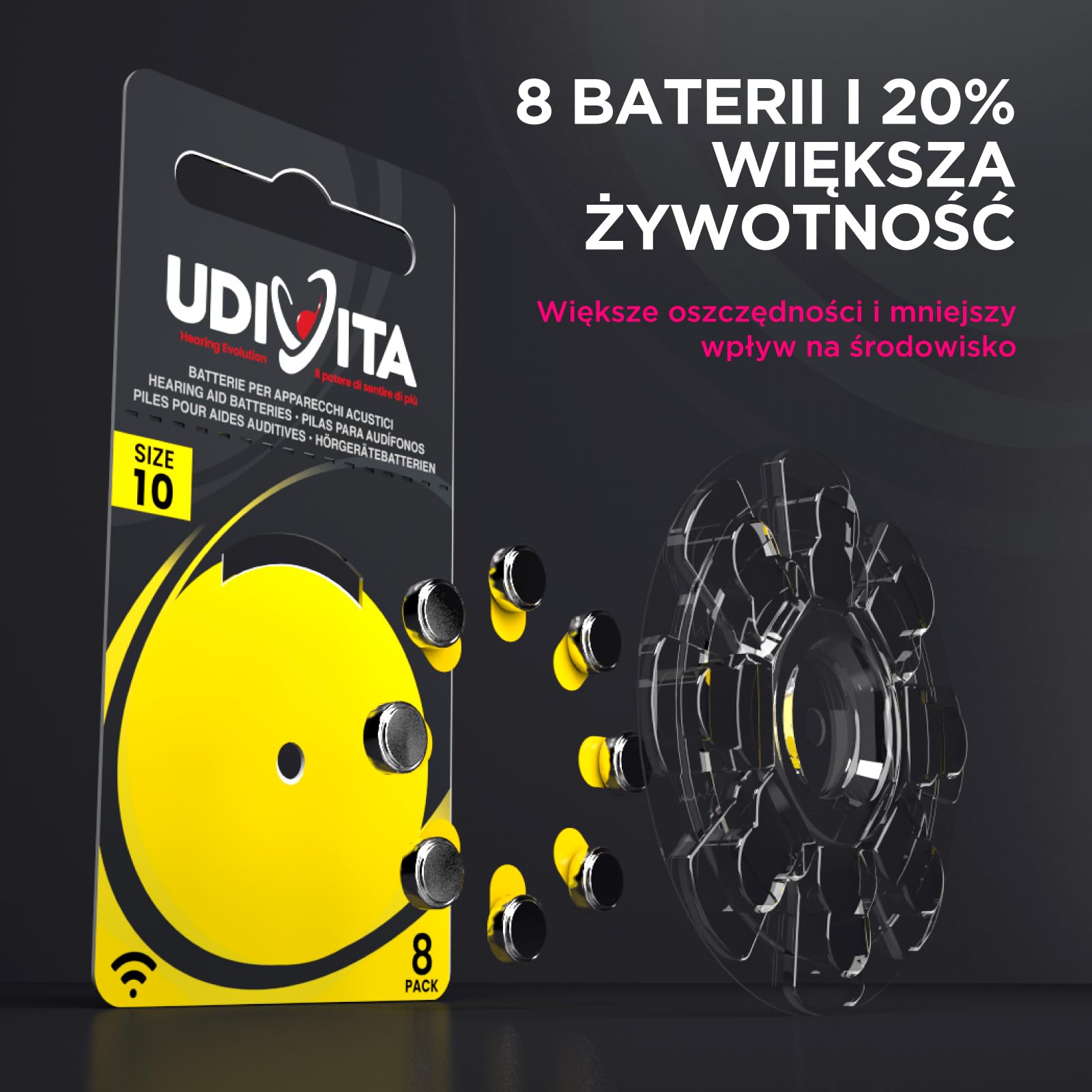 160 baterii do aparatów słuchowych Udivita rozmiar 10 (żółty) PR70 z technologią Phono Pulse - 20 blistrów po 8 baterii