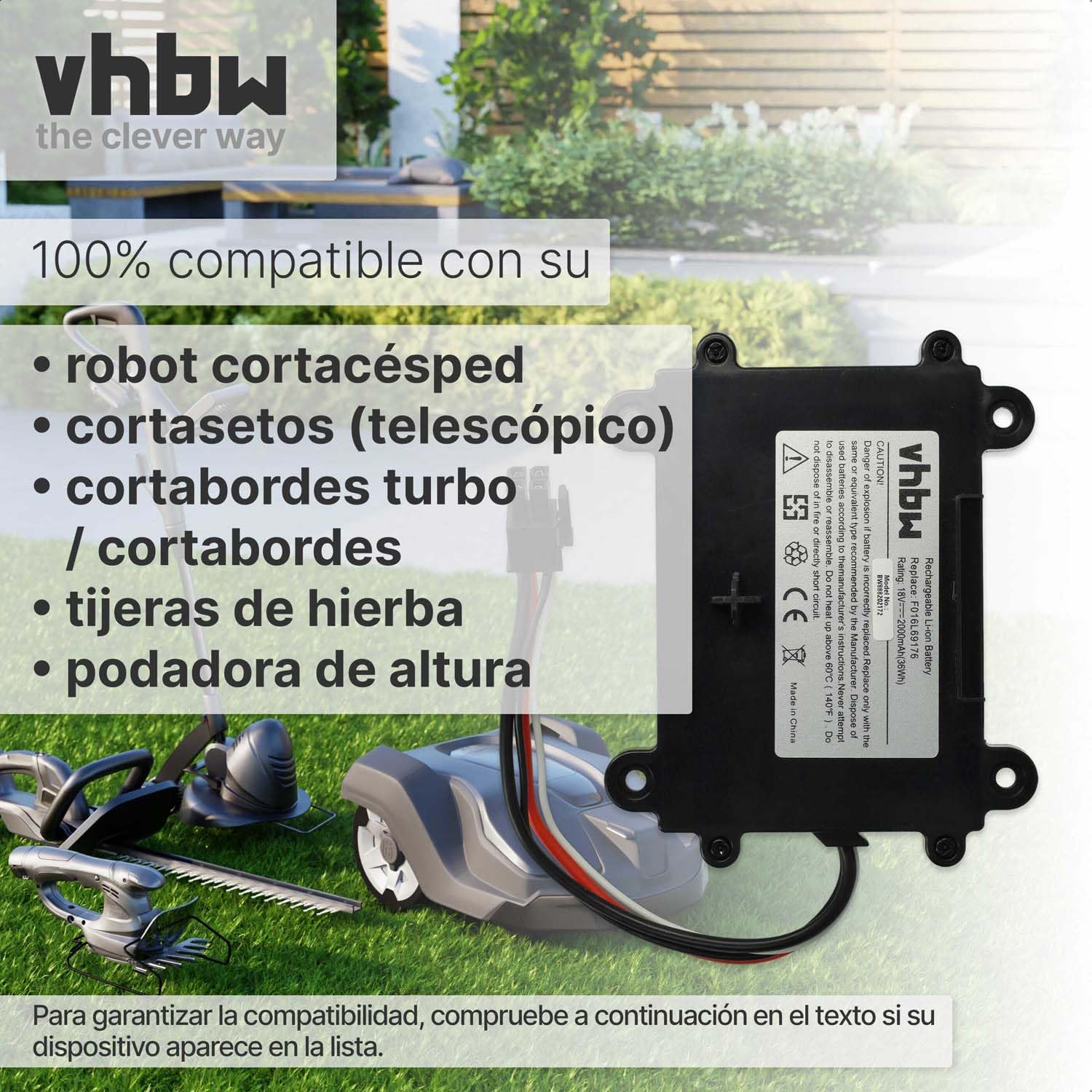 vhbw Batería Compatible con Bosch Indego S 500 cortacésped 2000mAh 18V Li