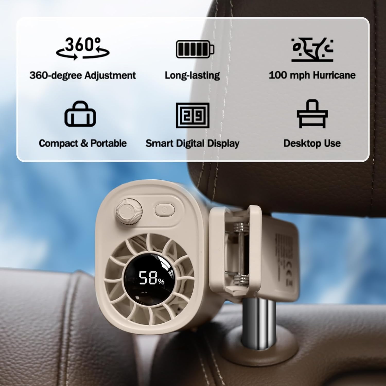 EVADA Car Clip on Fan with LED Display, 100 Speed Adjustable, Portable USB Rechargeable 1800mAh Battery Personal Cooling Mini Fans Handheld for Umbrella, Office, Camping, Gym, Beach, Homes, Khaki