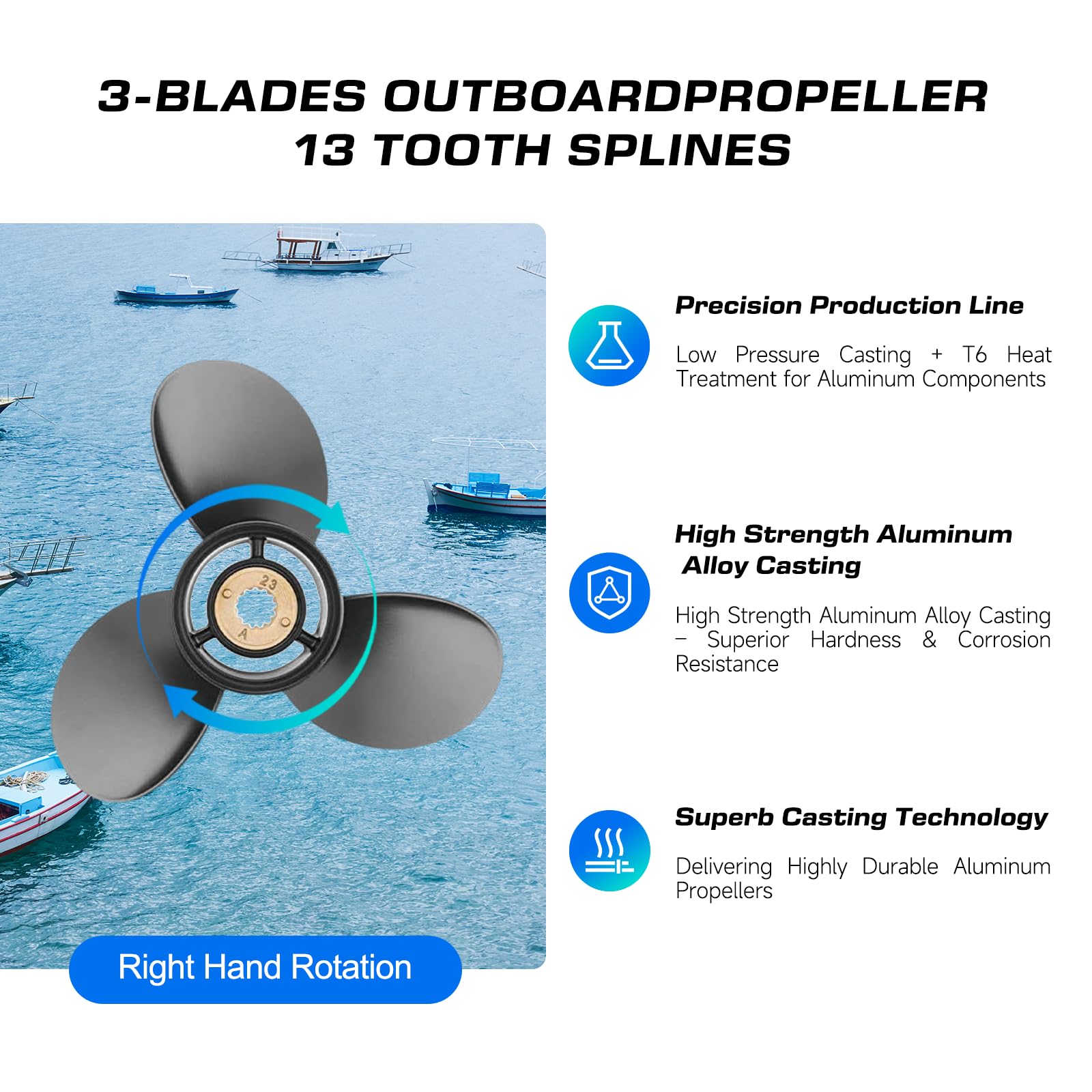 Your Props – Hélice de bateau hors-bord à 13 cannelures en aluminium compatible avec moteurs Mercury avec carter de vitesse de 8,9 cm 2 et 4 temps 30/35/40/45/50/55/60/70 CV, RH