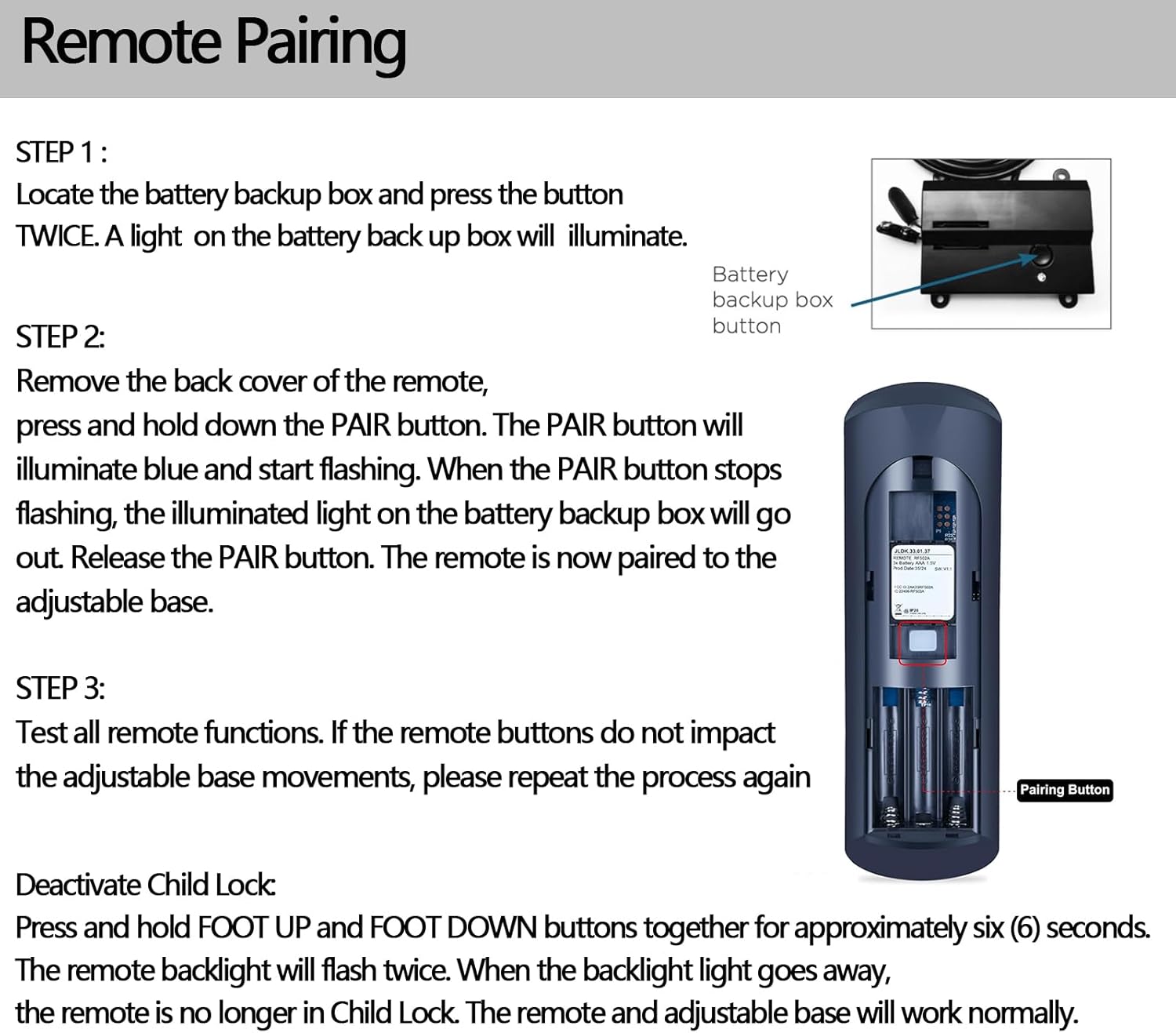 Remote pairing steps with images of battery box and remote back