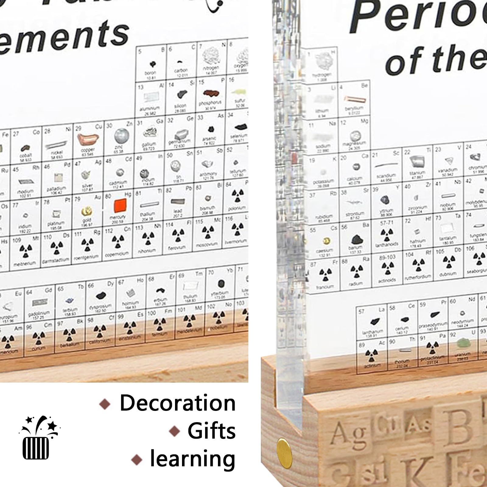 Tavola Periodica, Tavola Periodica Con Elementi Reali All'interno, con 83 Elementi Reali All'Interno, Display Della Tavola Periodica con Base di Luci a 7 Colorate LED,Strumento Didattico Elementi