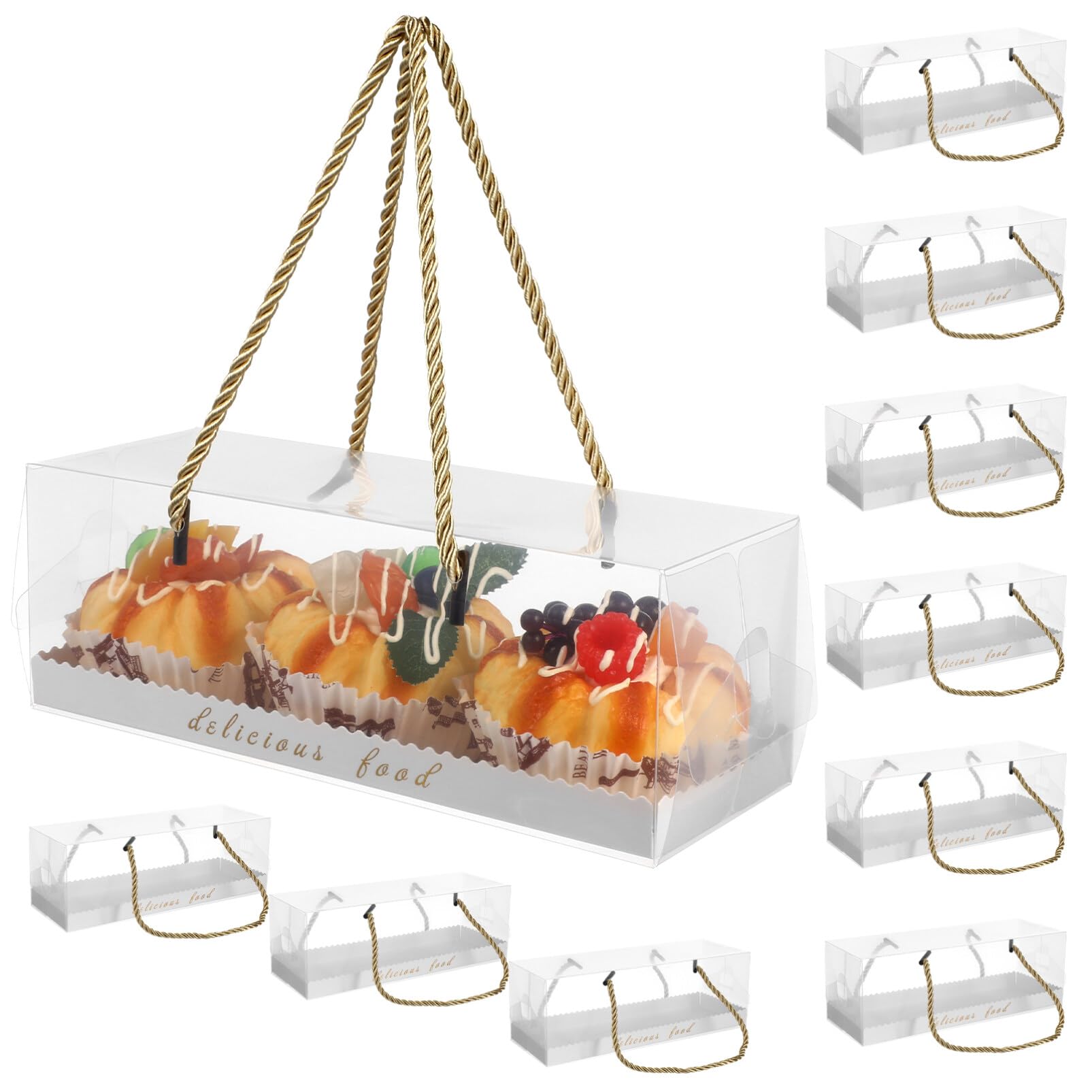 ABOOFAN Lot de 10 boîtes à gâteau transparentes en forme de rouleau suisse pour cupcakes, muffins, pains, boîtes à friandises pour Noël, vacances, boulangerie, boulangerie, 22,5 x 7,8 x 7,8 cm