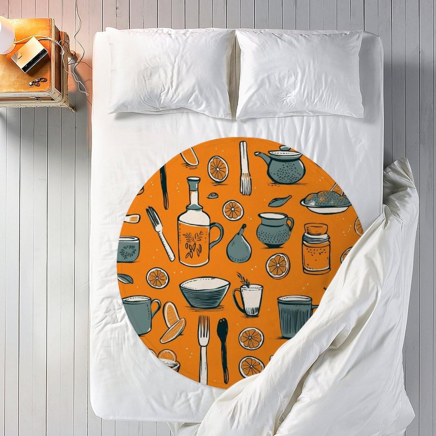 Kitchen Utensils Orange Throw Blanket 60 Inch Cooking Pattern Round Blanket Adult Size Round Funny Soft Flannel Blankets Gift for Kids Family and Friends Applicable to Indoors Outdoors Travel