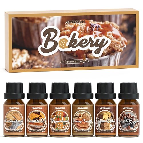ARVIDSSON Bakery Fragrance Oils Set, Premium Fall Essential Oils for Diffuser & Candle Making, Pumpkin Pie, Creamy Vanilla, Coffee Cake, Snickerdoodle, Gingerbread, Chocolate Cupcake, Autumn Scented Oils - Bakery