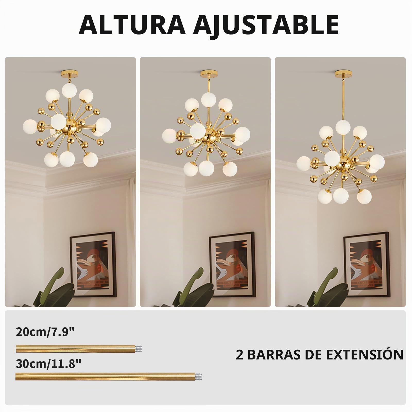 KCO Lighting Sputnik Lámpara de Araña de Iluminación Dorada de Mediados de Siglo Moderna Lámpara Colgante Colgante, Cristal Esmerilado Moderna Lámpara Colgante Sala de Estar Comedor (11 Luces)