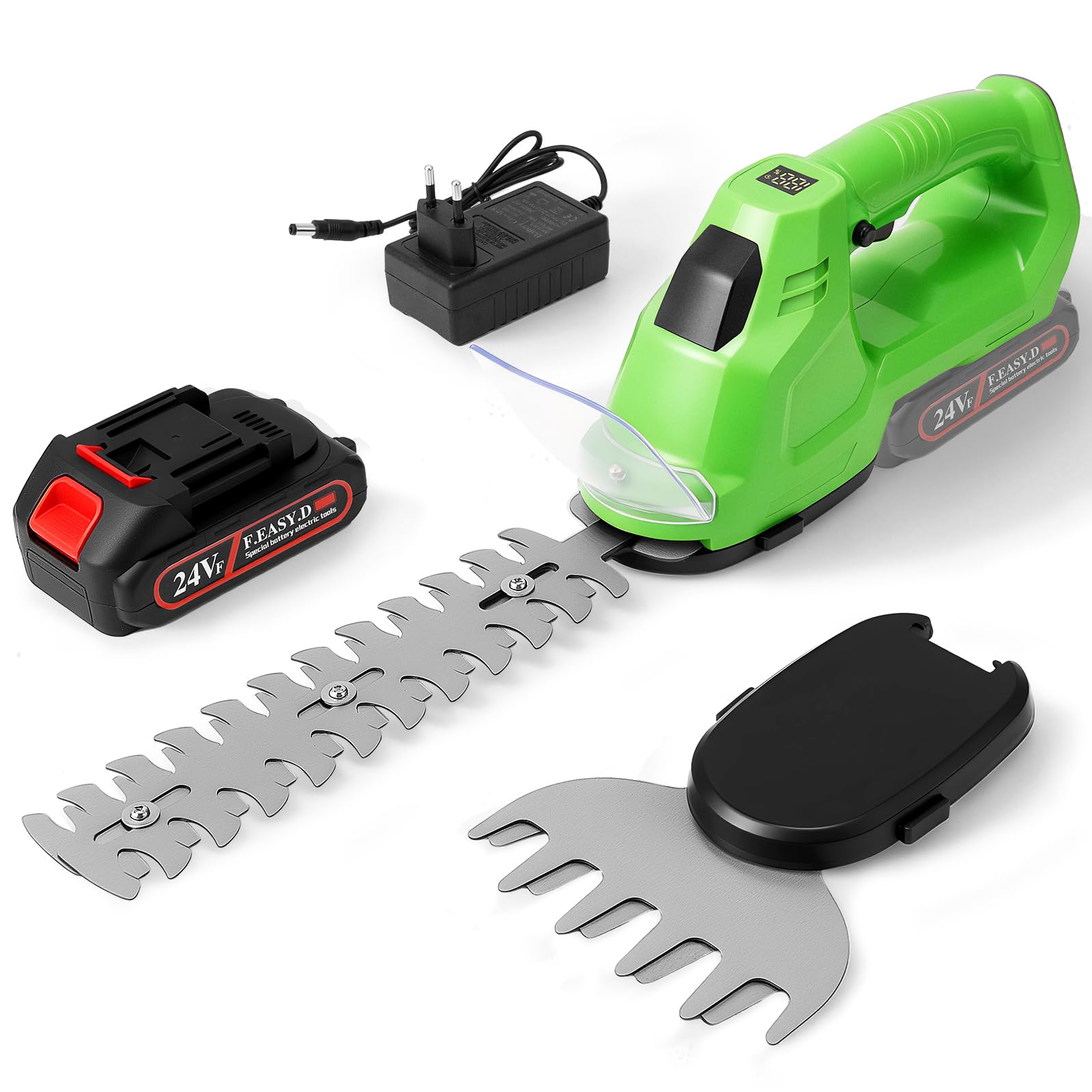 Heckenschere 21 V, 2 in 1, kabellos, mit Hecken- und Rasenklinge, elektrische Heckenschere mit 2 Batterien à 2000 mAh, batteriebetriebene Heckenschere mit digitaler Ladeanzeige, für Sträucher, Garten