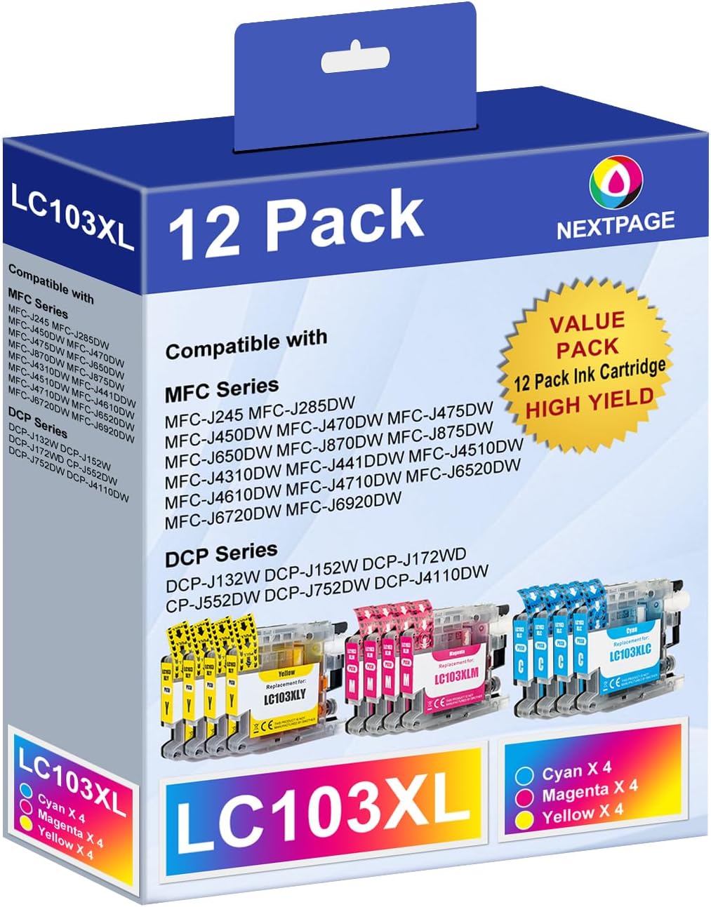 NEXTPAGE LC103xl Ink Cartridges Combo Pack Replacement for Brother LC103 LC101 Ink High Yield Work with Brother MFC-J870DW MFC-J6920DW MFC-J6520DW Printer (4 Cyan, 4 Magenta, 4 Yellow)