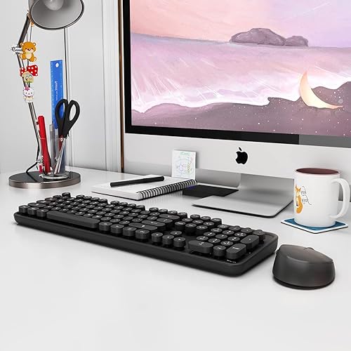 Miniatura 8 de KOOTOP - Teclado y mouse inalámbricos, teclado y mouse negros, teclado inalámbrico 2.4G con tapa redonda retro para PC, Mac, laptop, tableta,