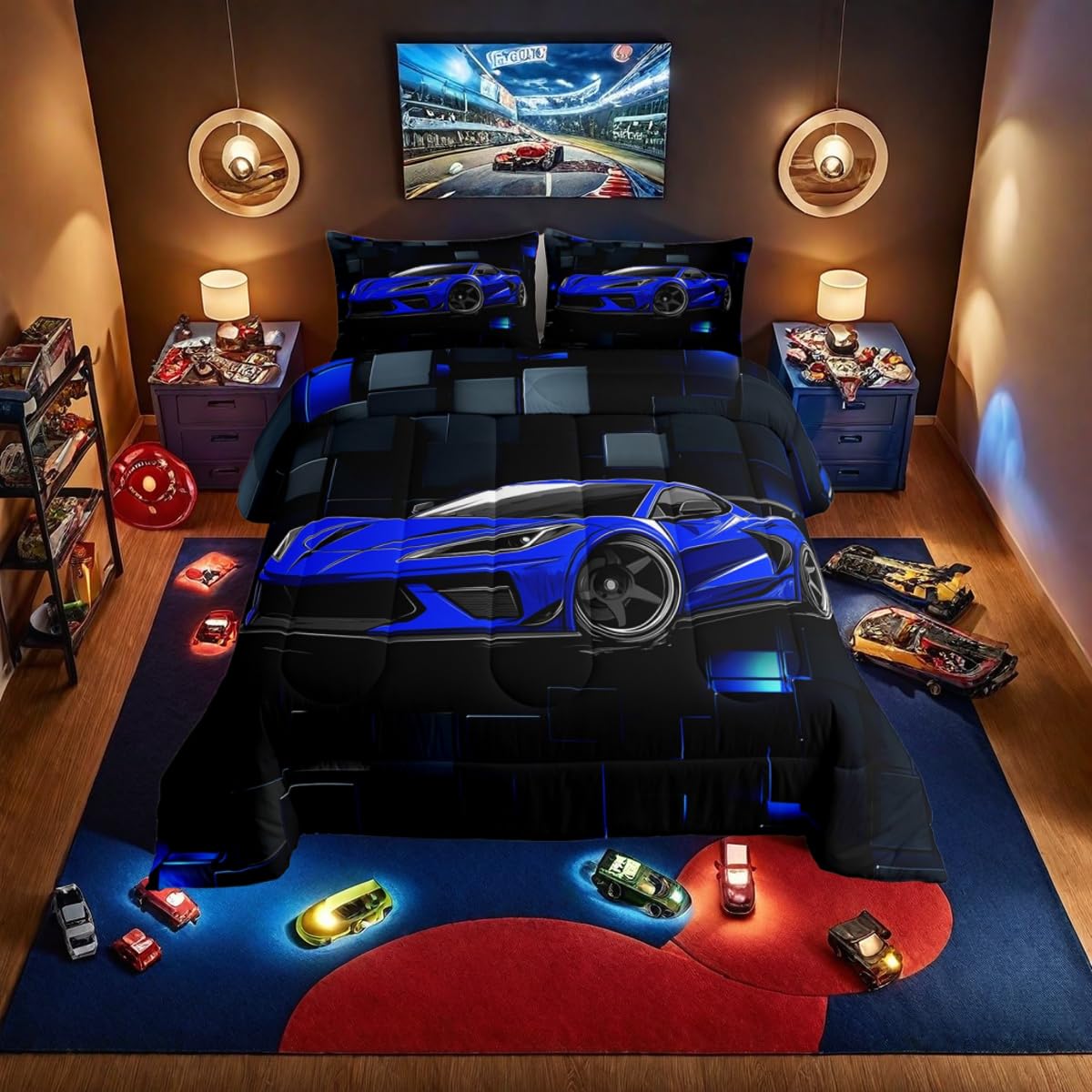 Erosebridal Race Car Full Comforter Set for Boys Blue Sports Car Kids Bedding Set Cool Speed Race Car Down Comforter Extreme Sports Racing Competition Quilt 3D Geometric Duvet Insert