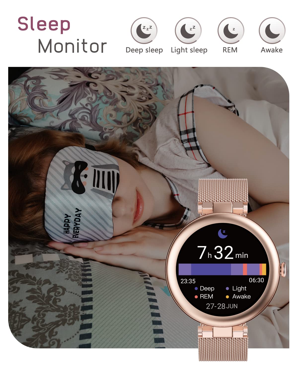 Lynn Montre Connectée Femme Bracelet Acier Ronde Petite 1,09 Pouce Smartwatch Sport Cardio Podometre Saturation Oxygène Multifonctions Or