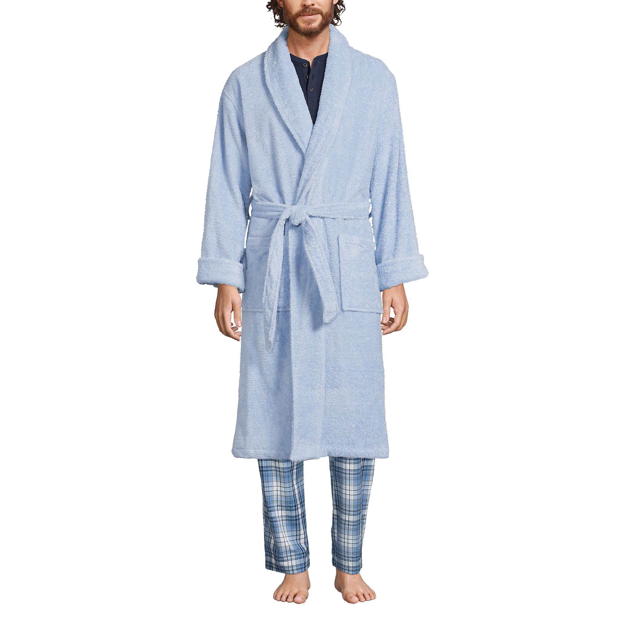 Lands' End Men's Full-Length Turkish Cotton Terry Bathrobe – 55" Length | Plush, Absorbent, 2 Pockets, Spa Comfort