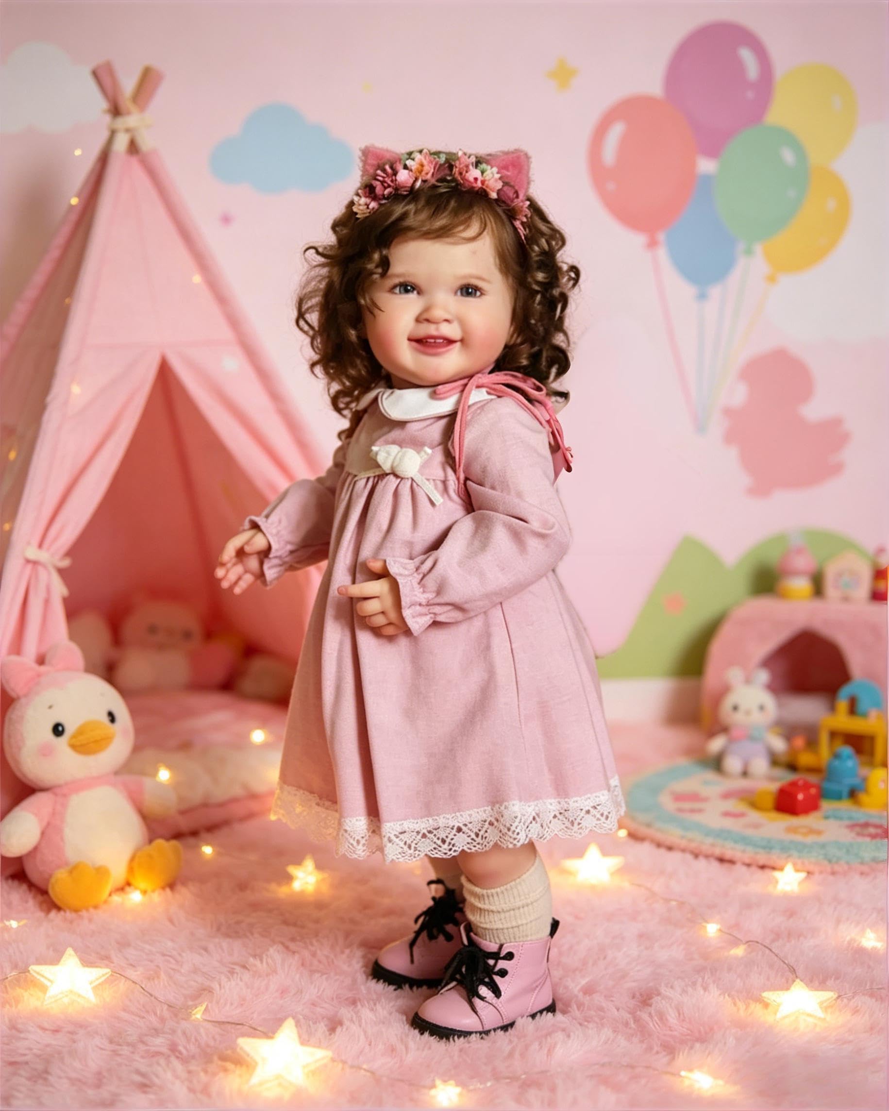 RXDOLL 28 Zoll Süßes Lächeln Lebensechte Reborn Baby Puppen, Realistische Reborn Babymädchen Weicher Stoffkörper, Lebensechte Kleinkind Puppen mit Verwurzeltem Haar als Geschenk für Kinder