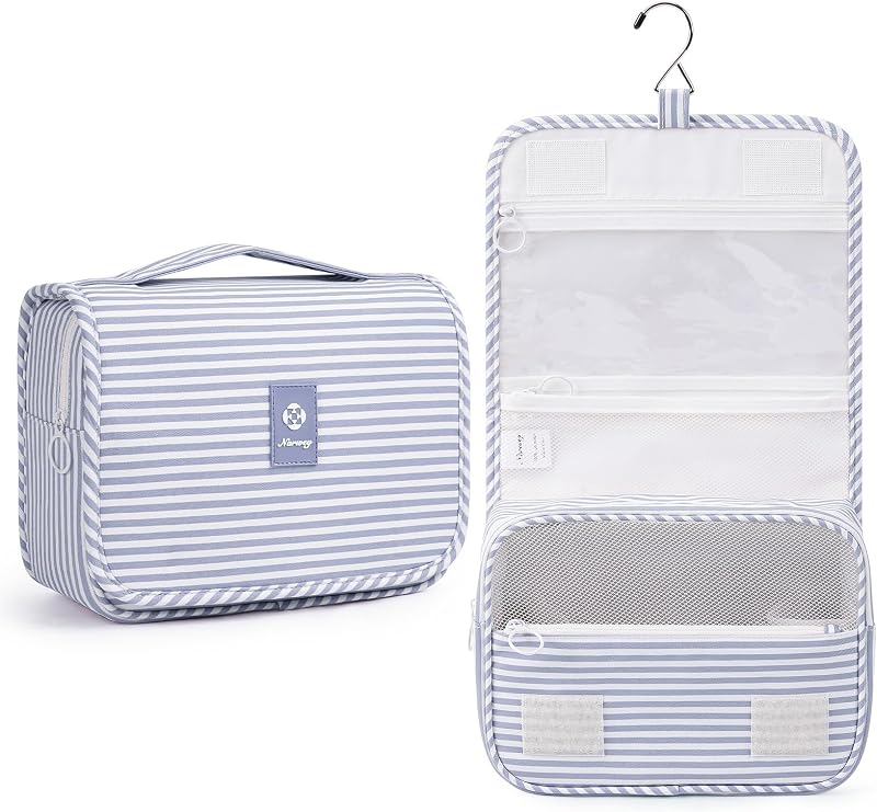 Necessaire suspensa de viagem Narwey em poliéster, Y-Greyish Blue Stripe, com bolsos organizadores