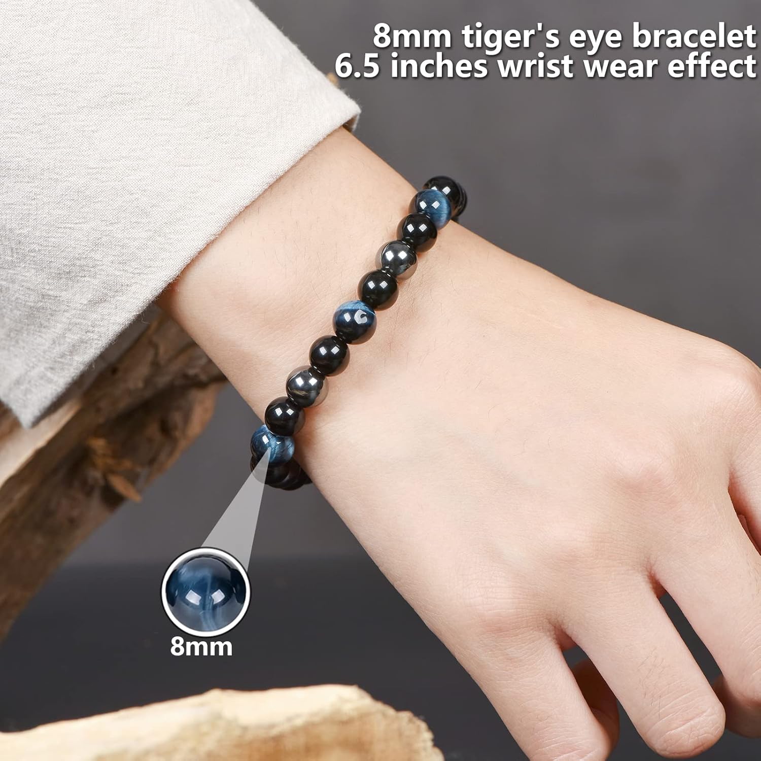 SAMXY Triple Protection Bracelet, 8mm Healing Crystal Bead Bracelet, 3pcs Blue Red Tiger's Eye Obsidian Hematite Bracelet Women Men - Image 6