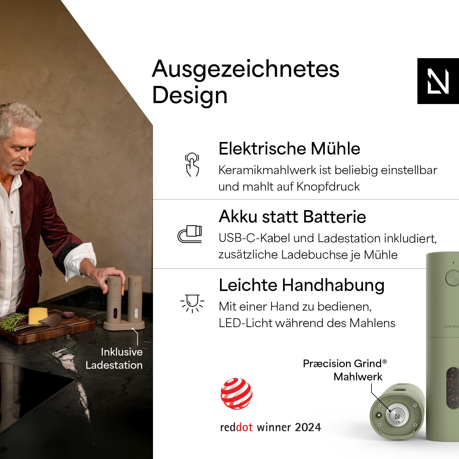 LARS NYSØM Salz und Pfeffermühlen Elektrisch Set I Keramikmahlwerk fein bis grob I USB Wiederaufladbar mit Ladestation I Automatische Salz und Pfefferstreuer I Gewürzmühlen Set (Sage Green)