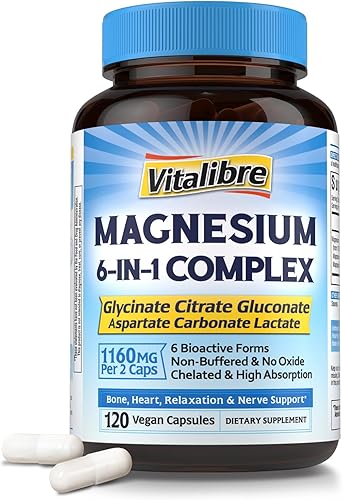 Suplemento complejo de magnesio 6 en 1, 1160 mg de magnesio quelatado para una máxima absorción, ayuda con un mejor sueño, relajación y calma