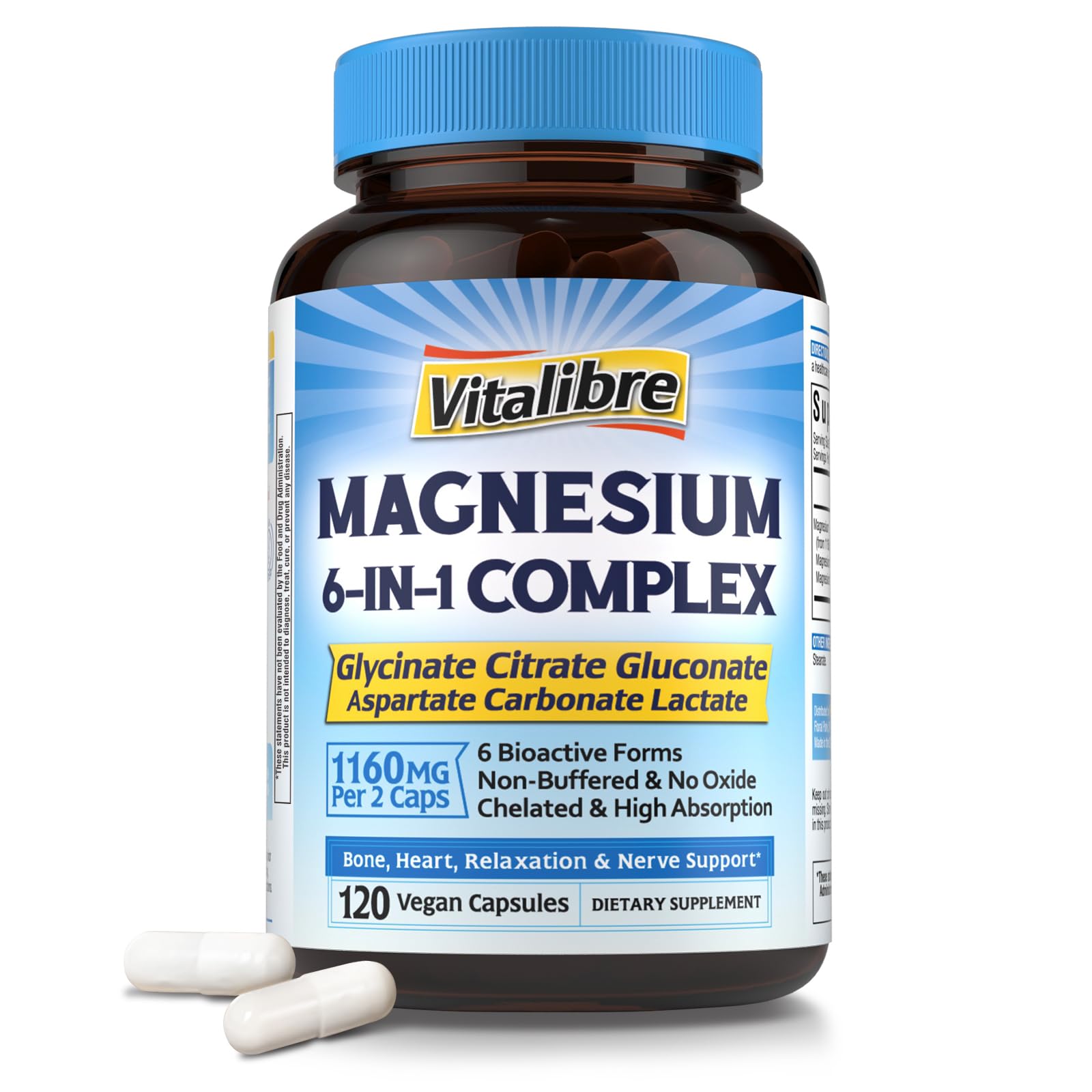 Magnesium Complex Supplement 6 in 1, 1160mg Chelated Magnesium for Max Absorption, Help with Better Sleep, Relaxation & Nerve Calm, 120 Vegan Capsules, Non GMO & Gluten Free