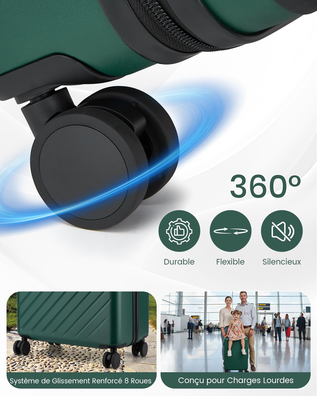 Kono Valise Grande Taille Soute 76.5cm 94L Valise Rigide ABS+PC Anti-salissure Imperméable Léger Résistant à la Compression 360° Roues Silencieuses avec Serrure Extérieure de Sécurité, Vert/Noir - 5
