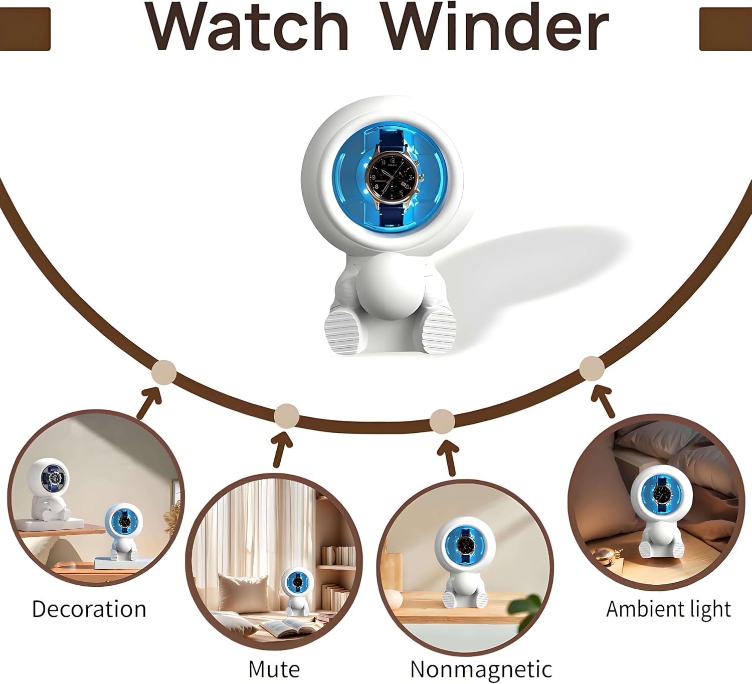 Astronaut Design Single Watch Winder for Automatic Watches, Watch Winders With 3 Rotating Modes, Silent Motor,Self Winding Watch Box With 5-Colors Light Showcase Box, Gift for Watch Collectors