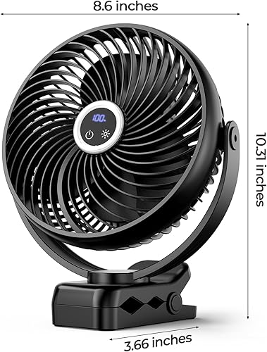Miniatura 7 de xasla Ventilador portátil de clip de 10000 mAh con luz, ventilador de batería recargable de 8 pulgadas, 24 horas de duración, pantalla digital de