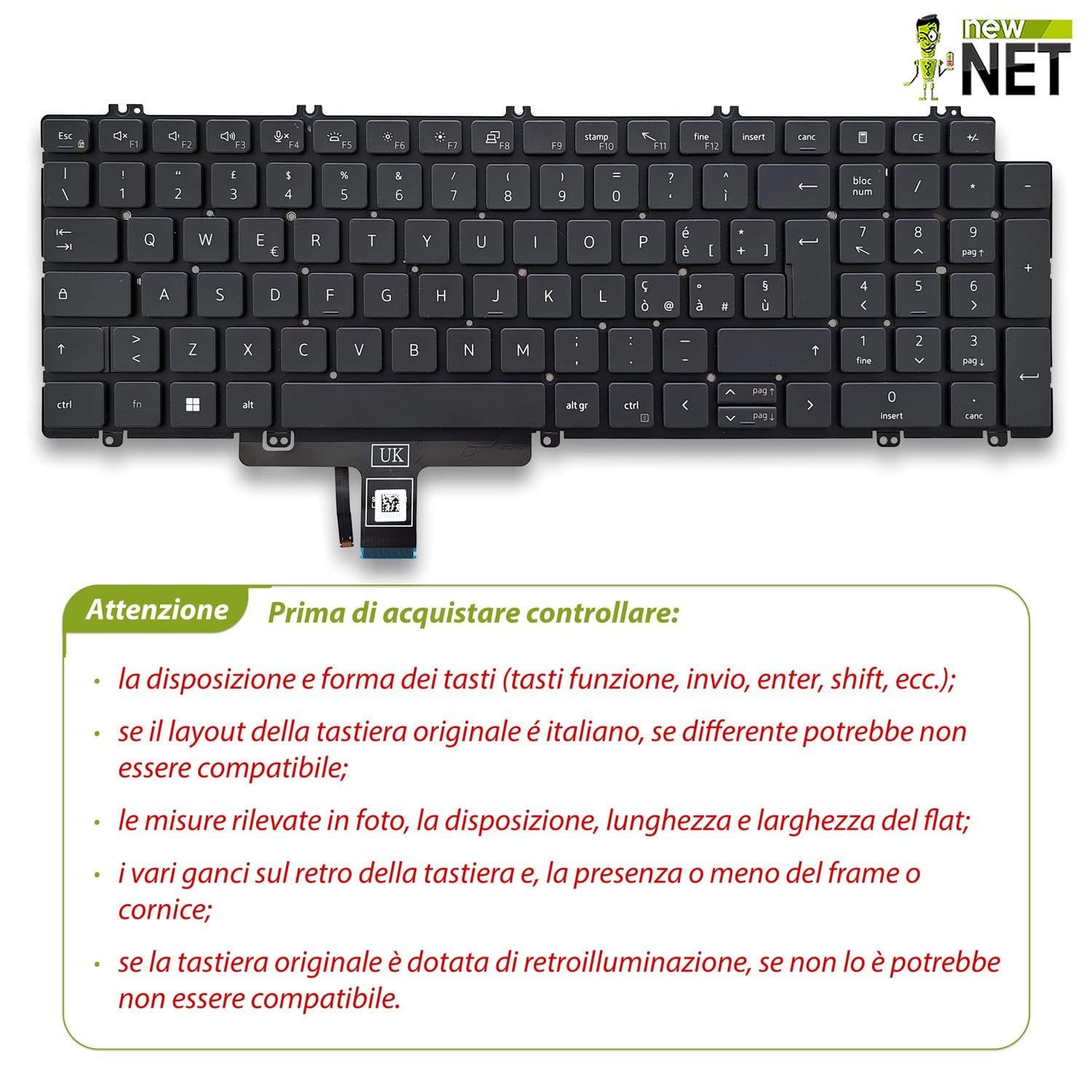 new net - Tastiera Compatibile con dell Latitude 5520, 5521, 5530, 5531, 5540, 3540 [Senza Frame - Colore Tasti Nero - Retroilluminata - Layout ITA]