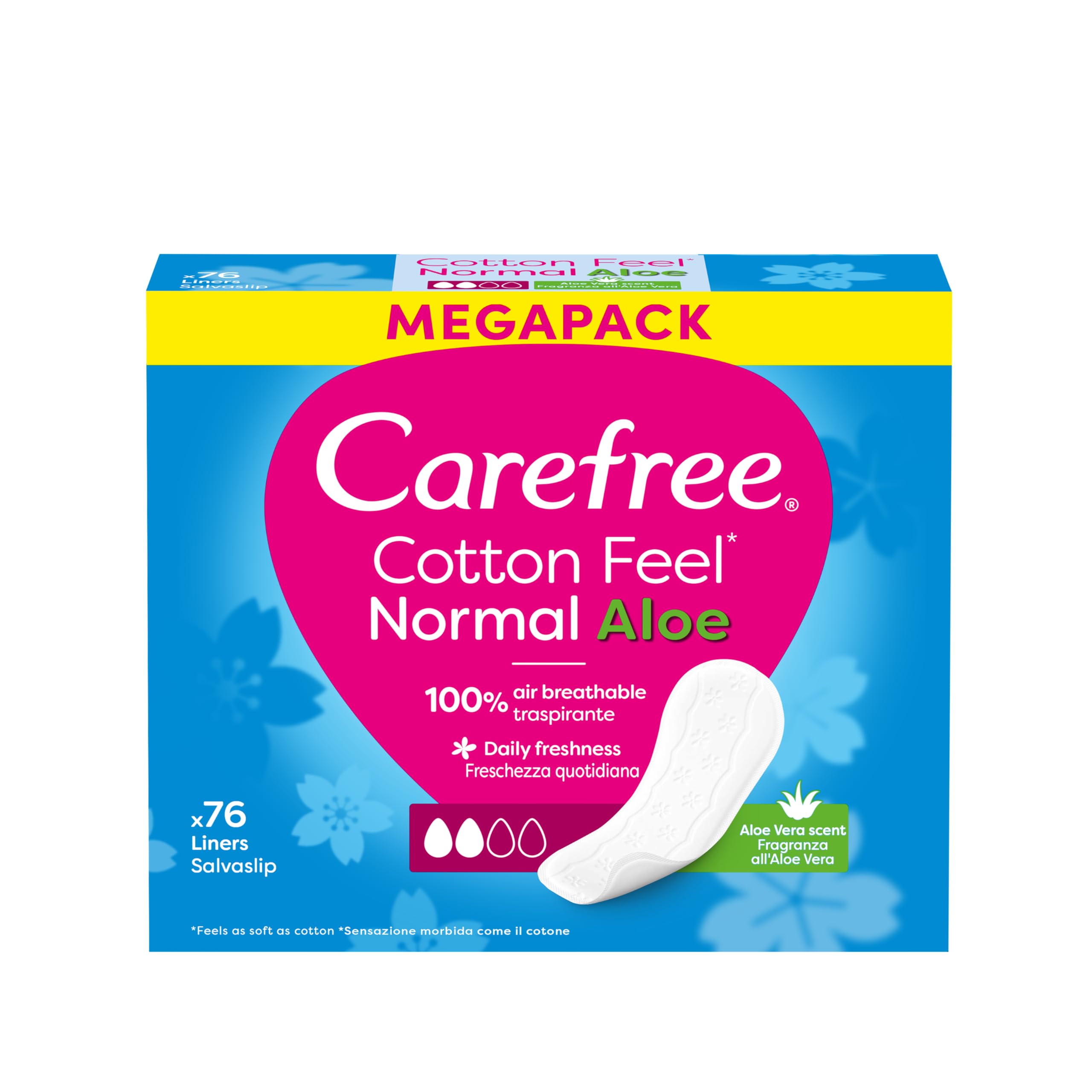 Carefree Cotton Aloe 76 szt. Wkładki higieniczne o zapachu aloesowym. Miękkie i łagodne dla skóry. Zawierają naturalny ekstrakt z bawełny. Nie zawierają barwników, niebielone chlorem.