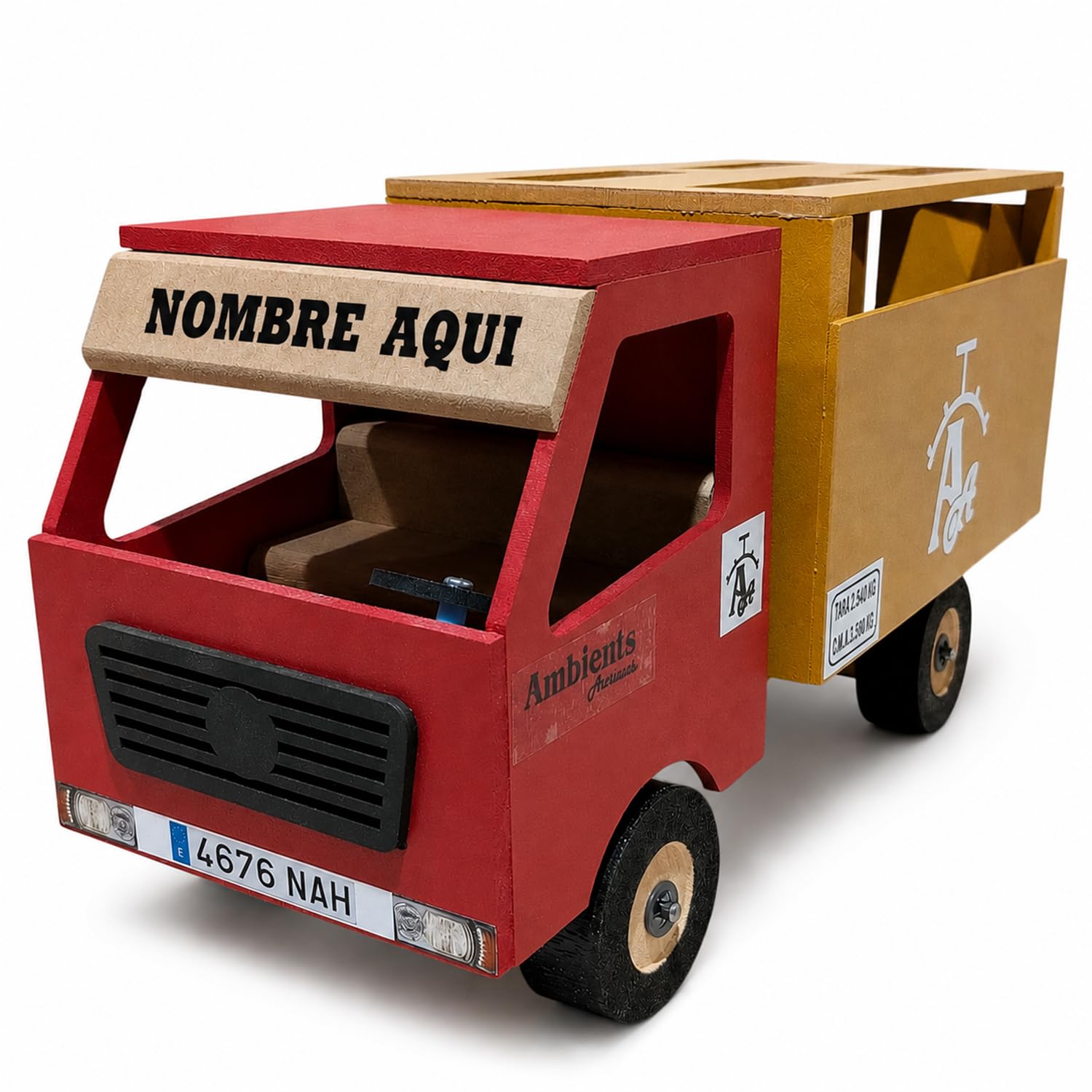Camión de Toros Personalizable de Juguete, Transporte Taurino Artesanal MDF con Rampa Funcional, Incluye 6 Toritos, Vehículo Tradicional Infantil Decorativo, Regalo Original 30x13x19 cm
