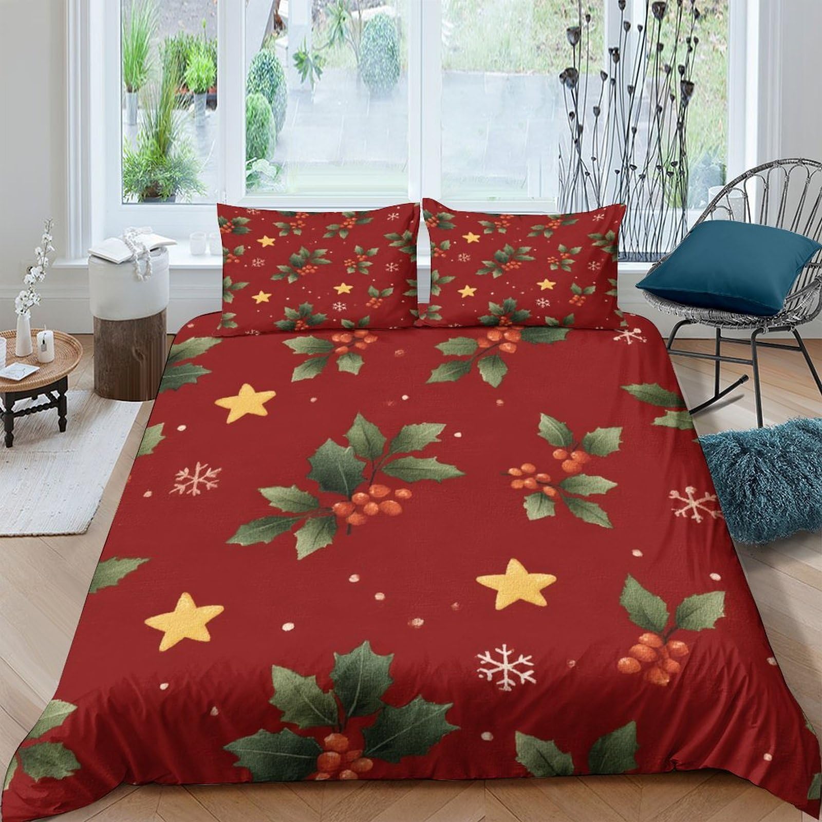 Ctjqhvkz Style-4 3D Printed Christmas Holly Fitted Sheet Microfiber Red Star Mattress Cover For Bedroom Guestroom Decoration Washable Single（135X200cm）