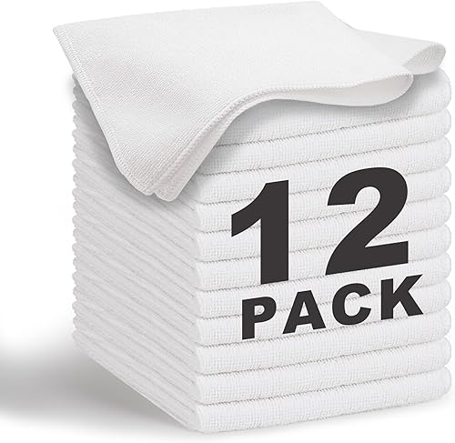 Paño de limpieza de microfibra blanca de 13 x 13 pulgadas, trapos de limpieza de microfibra ultra suave y absorbente para suministros de limpieza de