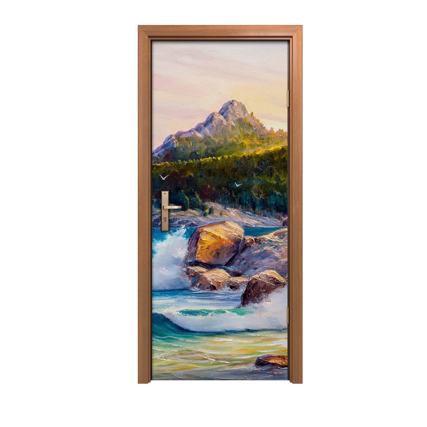 Autocollant de porte masquer défauts déco murale forêt mer 80x200cm