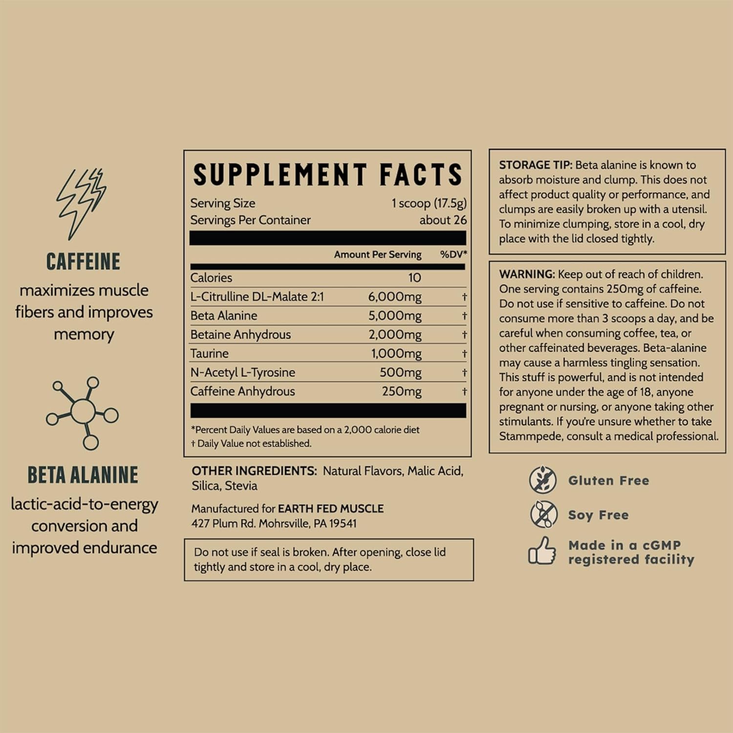 Earth Fed Muscle Stammpede Pre Workout Powder, Lemonade Flavor, 250mg Caffeine Powder, 5g Beta Alanine, Citrulline, Taurine & Tyrosine, Gluten & Sugar Free Pre Workout, Keto Friendly, 26 Servings - Image 8