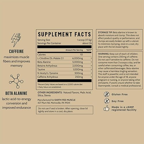 Miniatura 8 de Earth Fed Muscle Stammpede Lemonade Pre Workout - Aumenta la energía - Beta Alanina 250 mg de cafeína malato de citrulina taurina tirosina - Sin