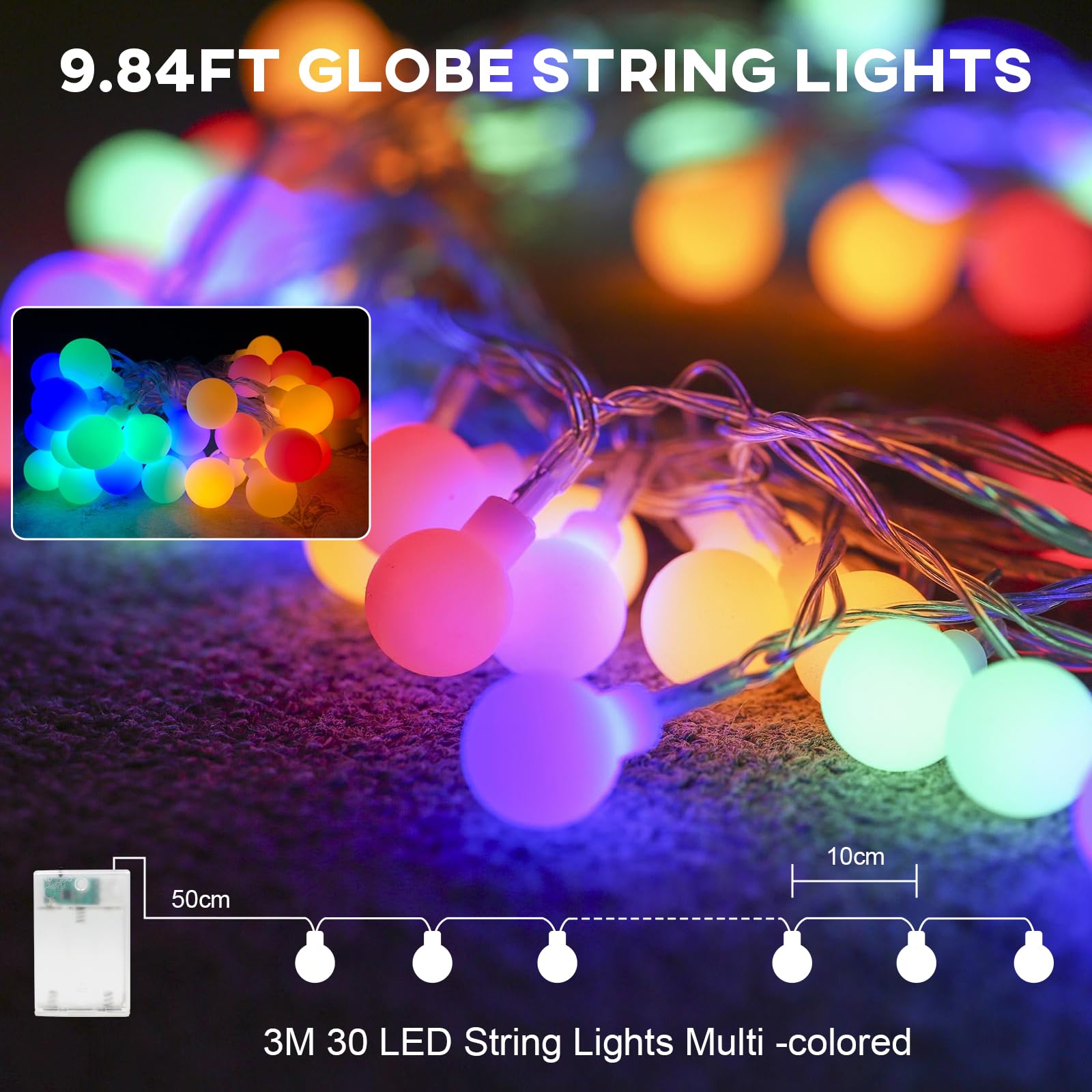 A.bigwhale 30 LED Guirnalda Luces Pilas, Bola LED Luces de Cadena,Cadena de Luces Navidad 3 M Multicolore globo, luces de hadas para interior, balcón, terraza, jardín, fiestas, Navidad, boda