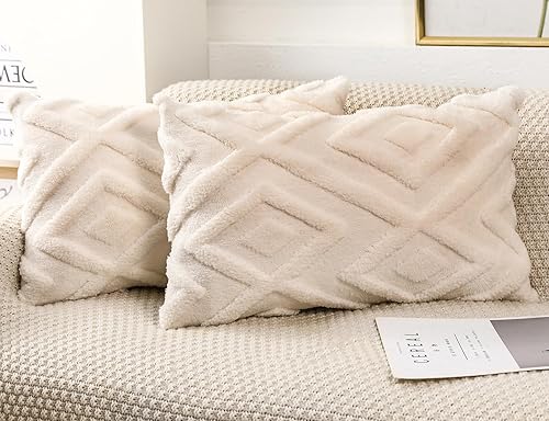 DRNOU Juego de 2 fundas de cojín de piel sintética color blanco crema de 12 x 20 pulgadas, patrón de cuadros suaves decorativos bohemios lumbares