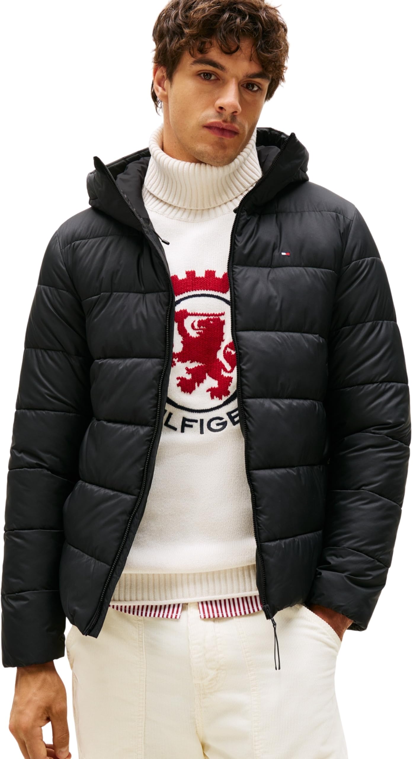 Tommy Hilfiger Men’s Mid Weight Puffer Jacket with Hood, Black (Black), M