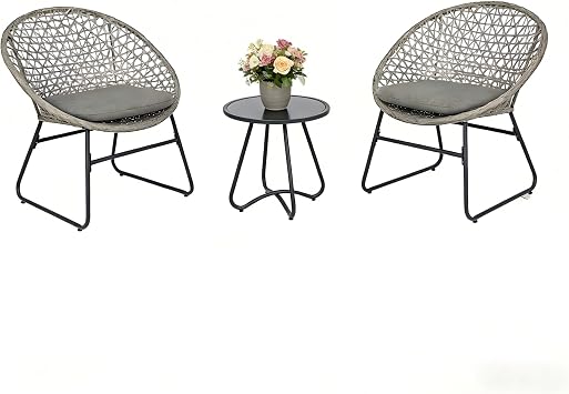 UFI 3 Pieces Patio Furniture Set, Outdoor Wicker Rattan Chairs with Glass Top Side Table, Weather Resistant Patio Conversation Set with Grey Cushions for Balcony, Porch, Backyard, Garden Grey