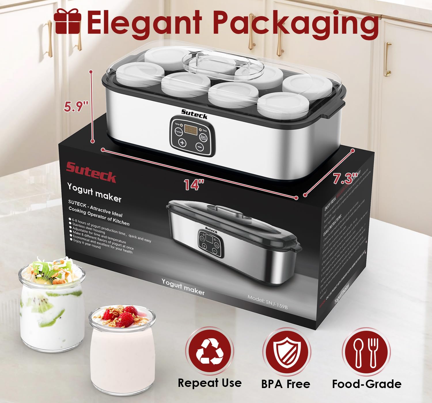 Suteck Máquina de yogur de acero inoxidable con control de tiempo y temperatura ajustable, apagado automático y temperamento constante para yogur griego, probiótico, sin BPA, 8 botellas