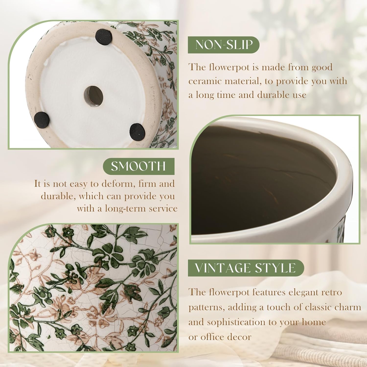 2 Pack Vintage Planter Large Ceramic Plants Pot 5.7/4.7 Inch Pastoral Floral Ice Crack Cottage Scroll Flower Vase Pot Indoor Plants Home Kitchen Decor Farmhouse Antique Decorative Gift