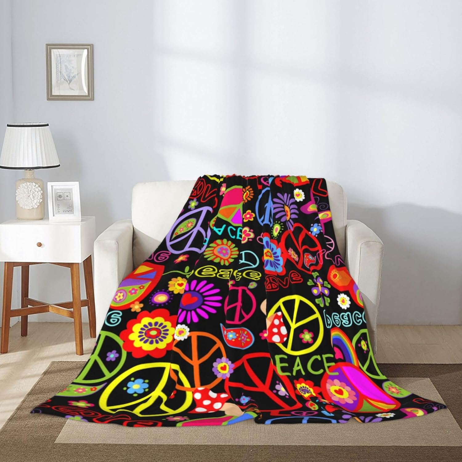 Funny Colorful Hippie Peace Love Blanket, Soft Blankets Flannel Bed Throw Cozy Lightweight Plush Gifts for Women Men Boys Girls Sofa Couch Bedroom Living Rooms Warm All Season, Home Decor, 80"x60"
