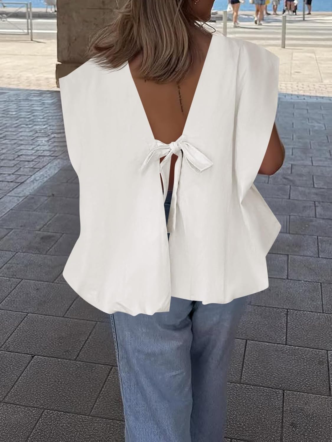 Cicy Bell Womens Summer Cap Sleeve Blouses Casual Pleated Open Back Crew Neck Bubble Tank Tops Bow Tie Cotton Shirts - Image 2