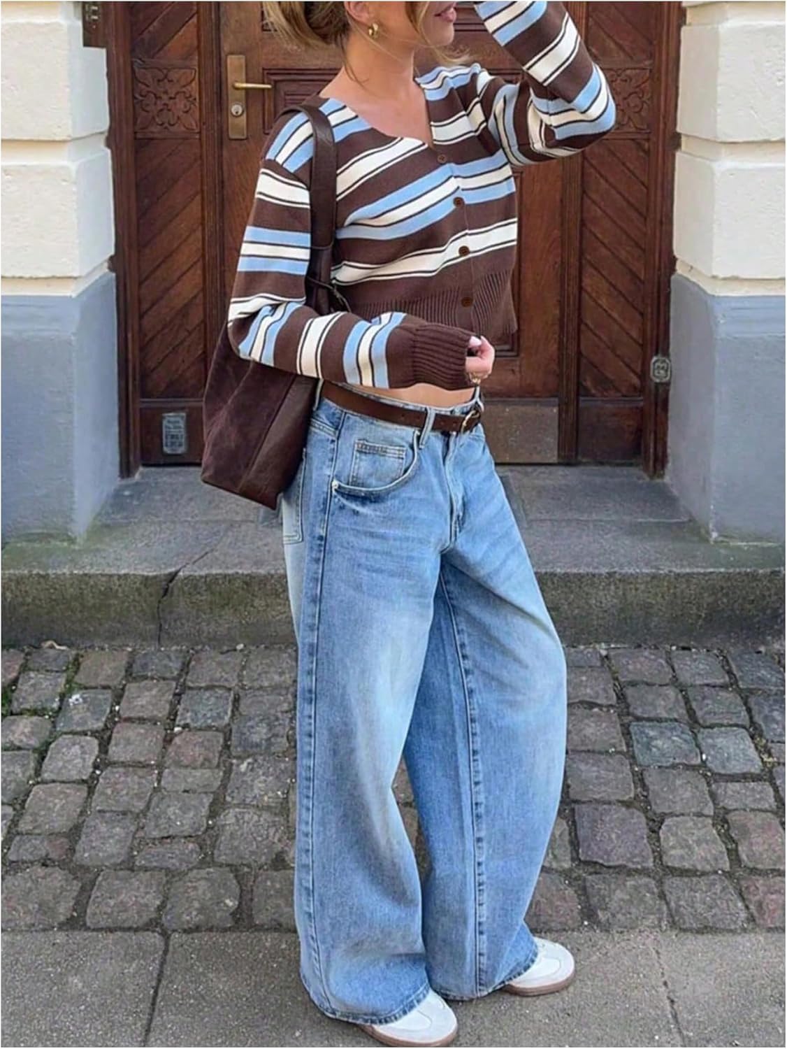 Verdusa Women's Colorblock Striped Button Up Cardigan Cozy Soft Sweaters V Neck Fall Outerwear - Image 3