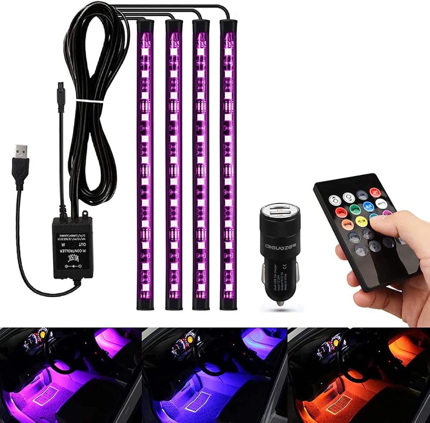 Auto LED Innenbeleuchtung, AIGUOZER USB Ambientebeleuchtung Atmosphäre Licht, Auto Zubehör LED Streifen Innenraumbeleuchtung Ambientebeleuchtung mit Fernbedienung, Stimmungslicht mit Musikmodi