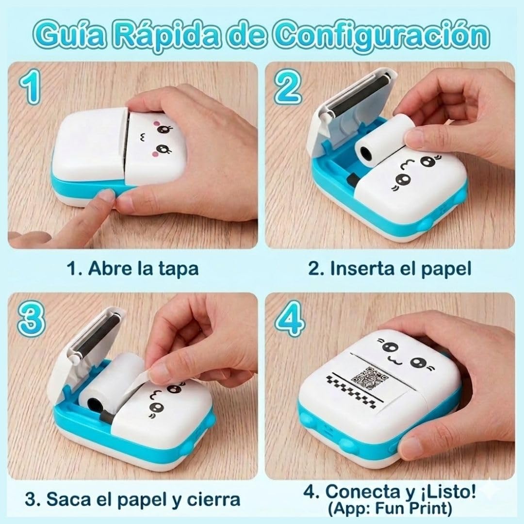 Mini Impresora térmica portátil para móvil con bluethoot. Impresora fotográfica sin Tinta con 1 Rollo de Papel térmico. Mini Printer Infantil Compatible con iOS y Android. Color Azul