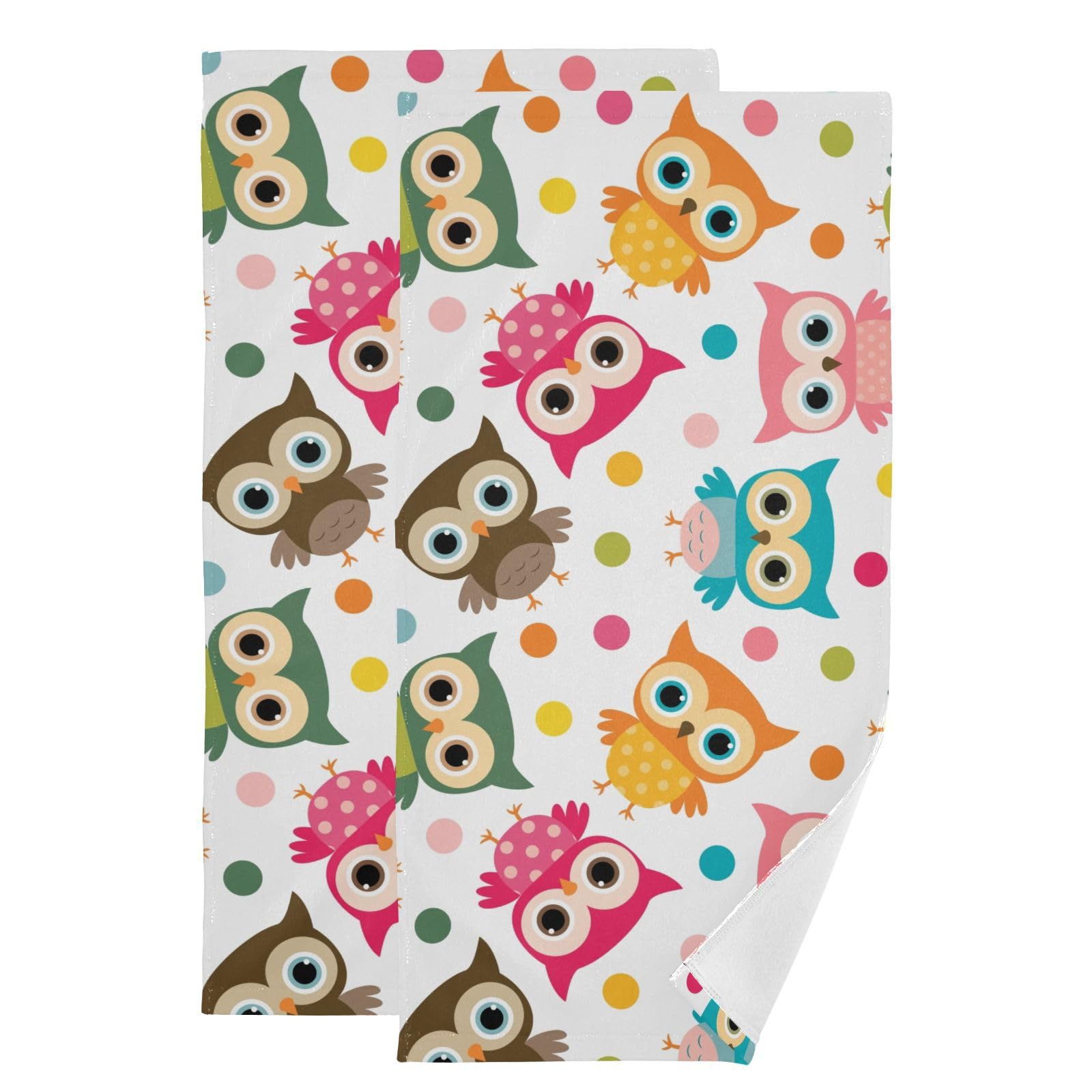 SUMNEESHA Owl Hand Towels for Bathroom Set of 2, Colorful Cartoon Owls and Dots Bath Towels Soft Absorbent Decorative Fingertip Towels Home Hotel Spa Gym Face Towels Kitchen Tea Dish Towels 14" x 28"