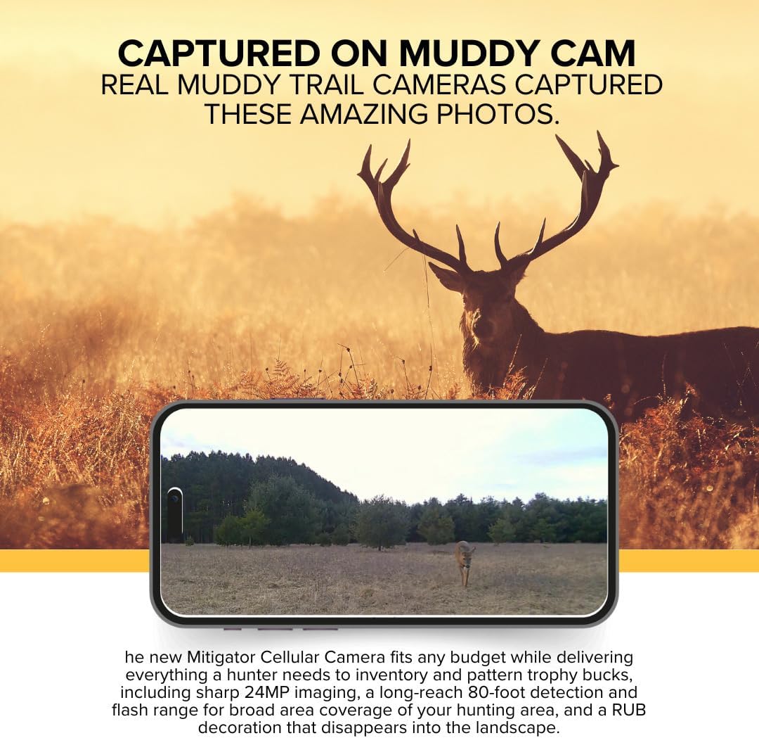 MUDDY Mitigator Cellular 24MP Imaging Trail Camera Bundle with 5000mAh Lithium-Ion Solar Battery, 32GB Memory Card, and Card Reader (4 Items)